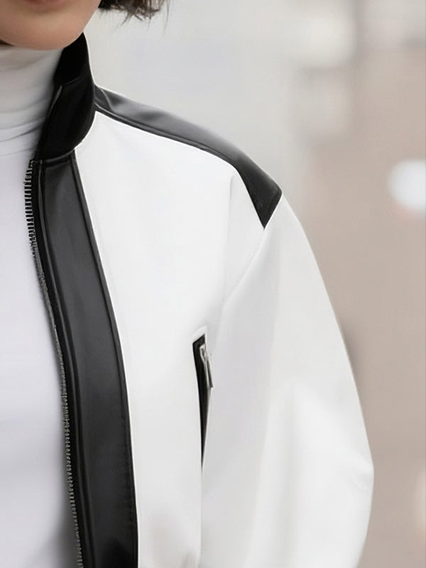 Puff Sleeves Contrast Color Split-Joint Zipper Stand Collar Jackets&Coats