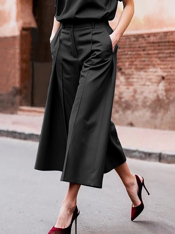 Loose Wide Leg Pockets Solid Color Ninth Pants Trousers