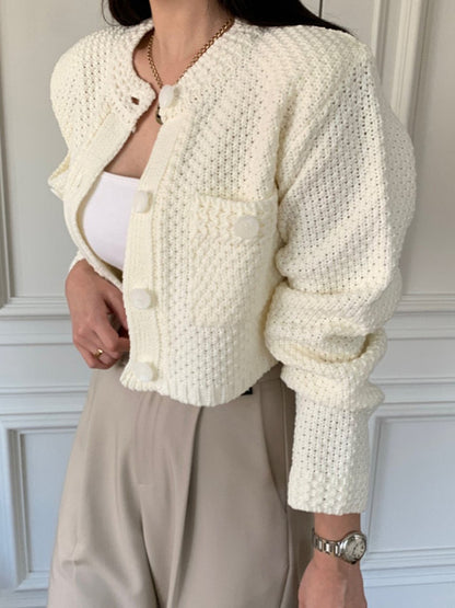 Long Sleeves Buttoned Pockets Solid Color Round-Neck Cardigan Tops