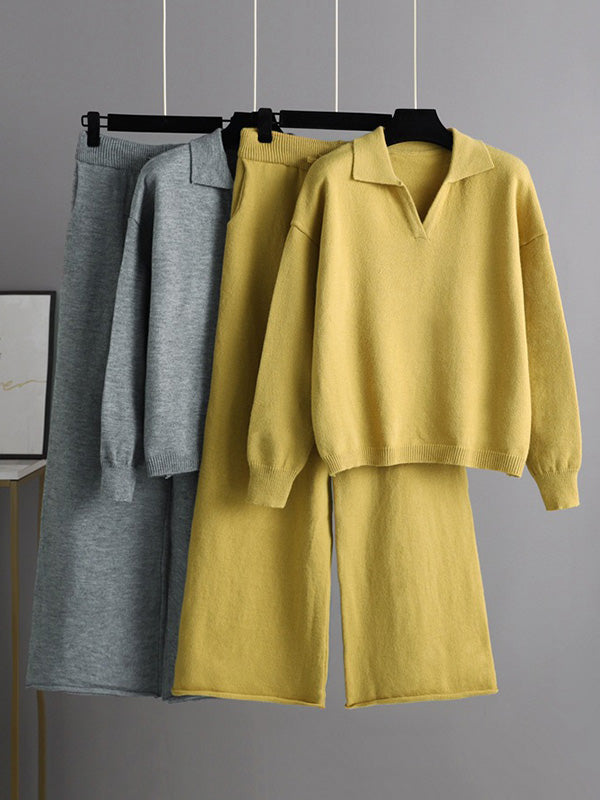 Urban Long Sleeves Solid Color Polo Sweater Tops & Wide Leg Pants Two Pieces Set