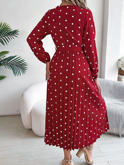 High Waisted Long Sleeves Pleated Polka Dot Tied Waist V-Neck Maxi Dresses Shirt Dress