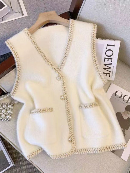 Loose Sleeveless Buttoned V-Neck Vest Outerwear