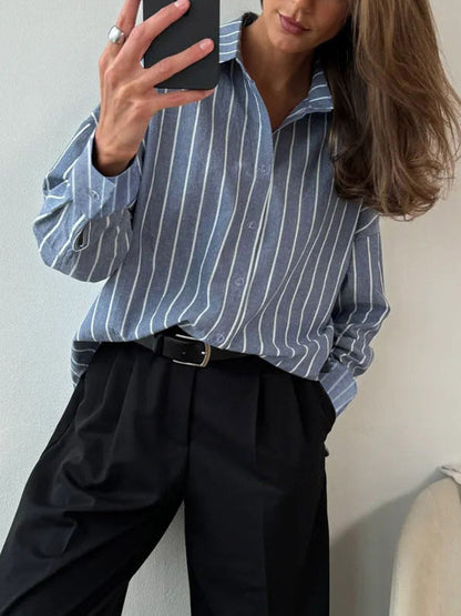 Long Sleeves Loose Buttoned Contrast Color Split-Joint Striped Lapel Blouses&Shirts Tops