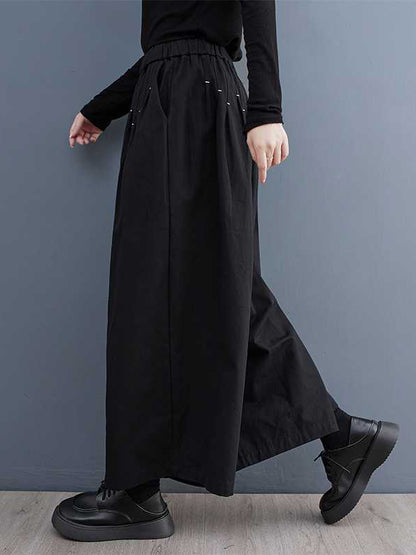 Loose Wide Leg Elasticity Embroidered Pleated Ninth Pants Trousers