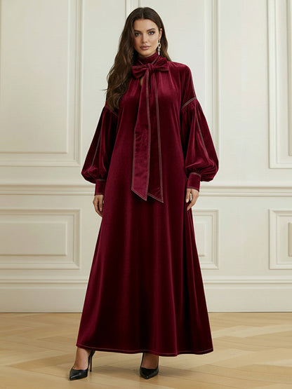 A-Line Long Sleeves Bow-Embellished Pleated Solid Color Split-Joint High Neck Maxi Dresses