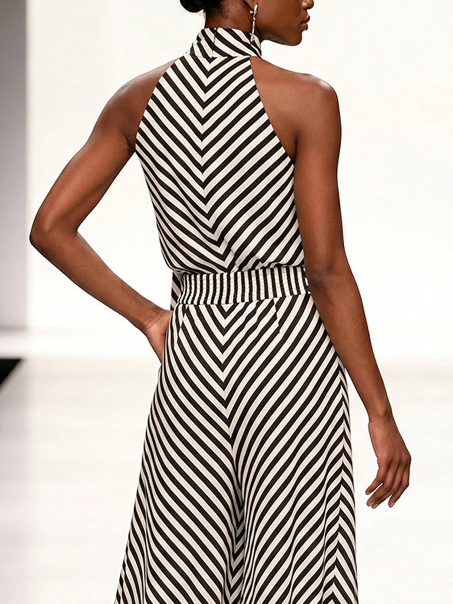 Sleeveless Contrast Color Draped Striped Halter-Neck Blouses&Shirts Tops