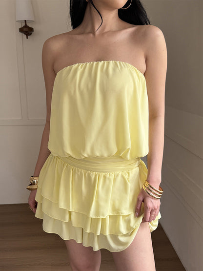 Sleeveless Elasticity Pleated Ruffled Solid Color Split-Joint Tube Mini Dresses