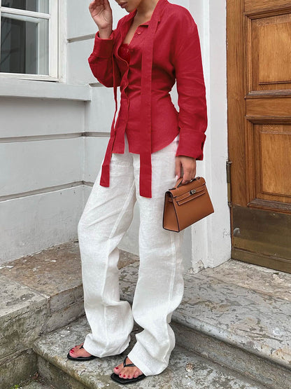 Long Sleeves Buttoned Solid Color Streamer Lapel Blouses&Shirts Tops