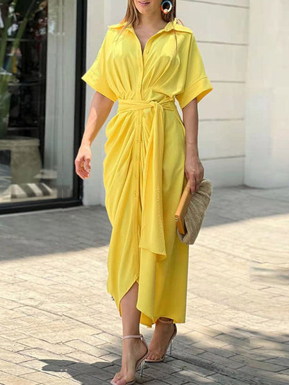 Elasticated Waist High Waisted Buttoned Pleated Solid Color Split-Joint Tied Waist Lapel Maxi Dresses Shirt Dress