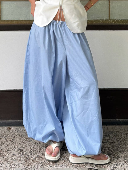Elasticated Waist High Waisted Drawstring Pleated Solid Color Ankle-Tied Pants