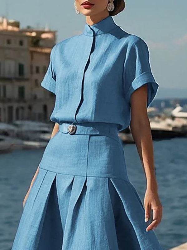 Loose Short Sleeves Solid Color Mock Neck Blouses&Shirts Tops