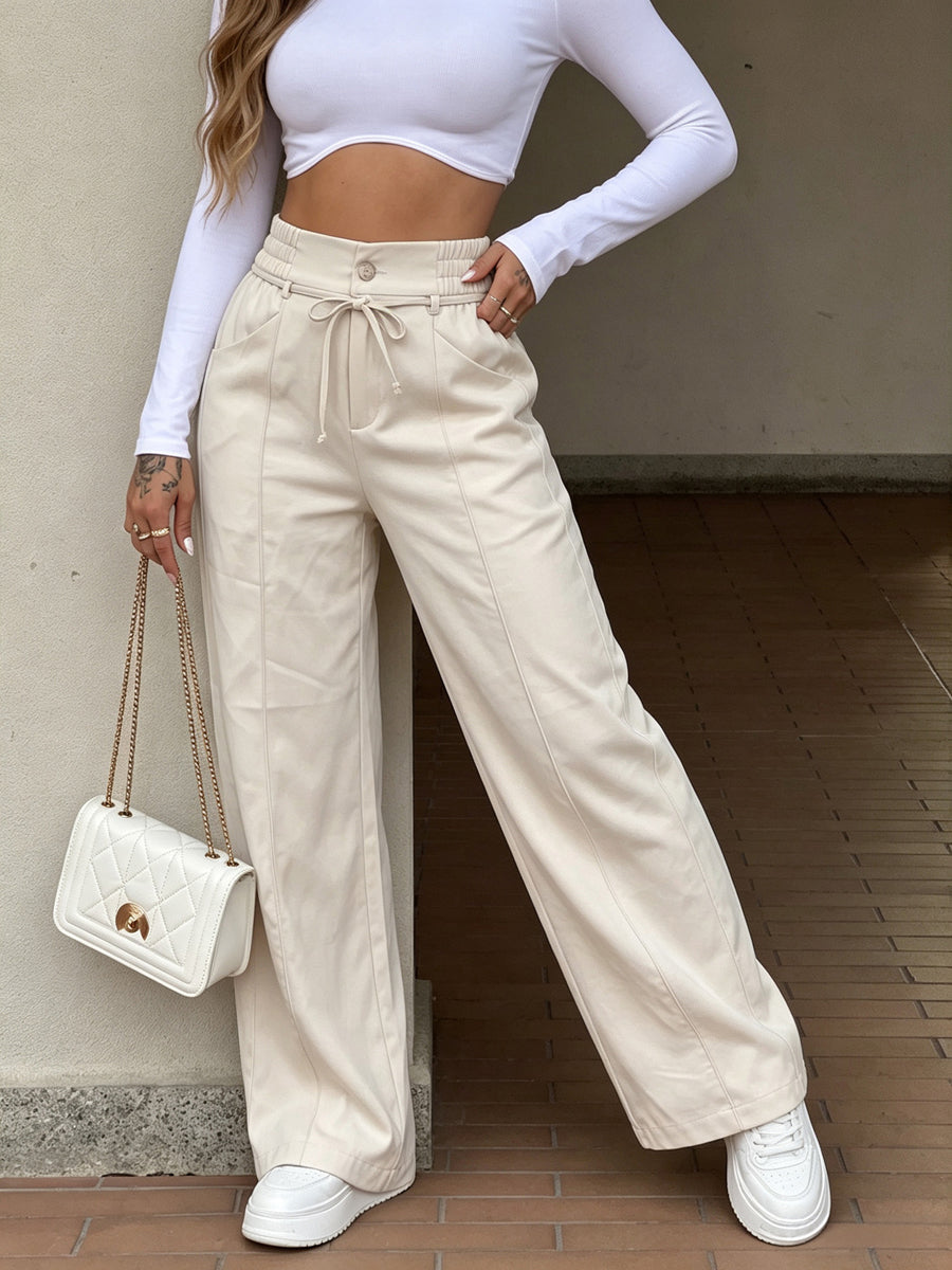 Solid Color Pockets Elasticity Wide Leg Loose Trousers Pants
