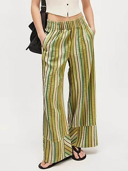 Elasticated Waist High Waisted Contrast Color Printed Split-Joint Striped Pants