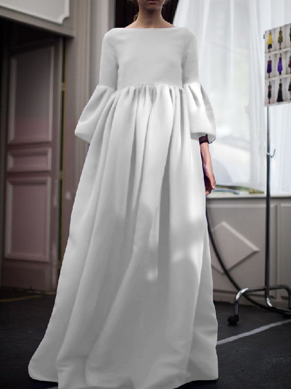 Flared Sleeves Loose Pleated Solid Color Split-Joint Round-Neck Maxi Dresses