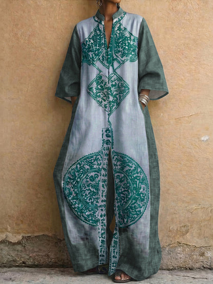 Loose Three-Quarter Sleeves Contrast Color Ethnic Printed Pockets V-Neck Jumpsuits