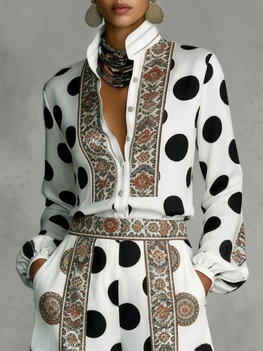Long Sleeves Loose Buttoned Contrast Color Polka Dot Printed Stand Collar Blouses&Shirts Tops