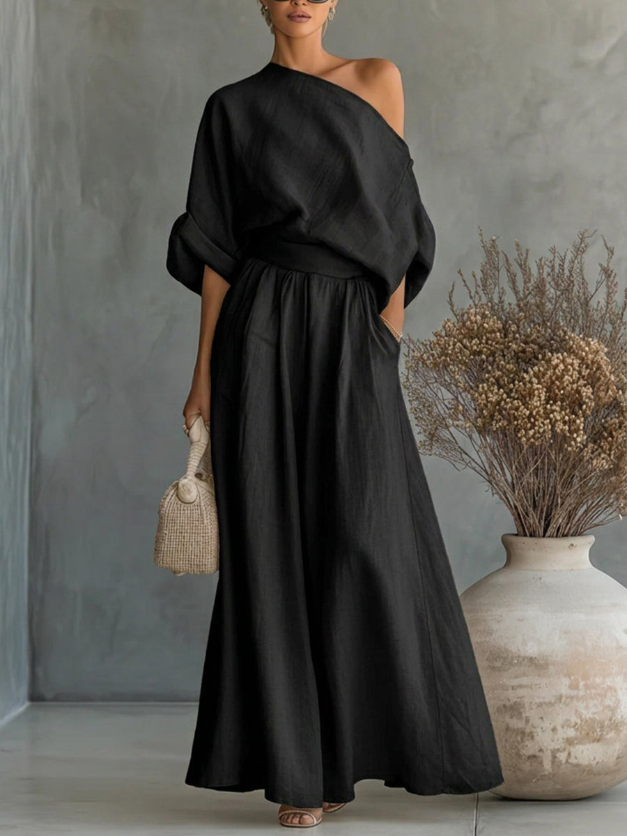 Loose Solid Color One-Shoulder Blouses&Shirts Tops + High Waisted Pleated Pockets Pants Trousers Two Pieces Set