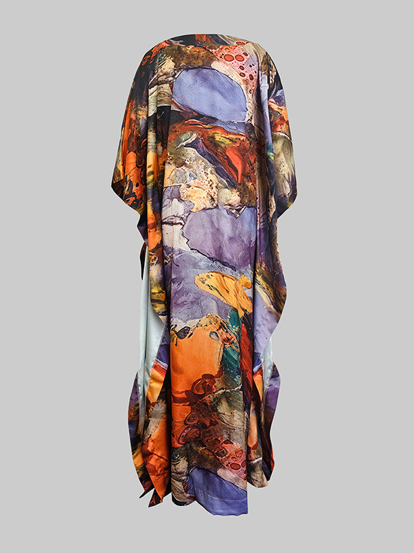 Batwing Sleeves Loose Gauze Printed Split-Joint V-Neck Maxi Dresses