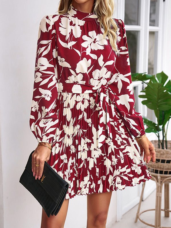 High Waisted Long Sleeves Flower Print Pleated Tied Waist Mock Neck Mini Dresses