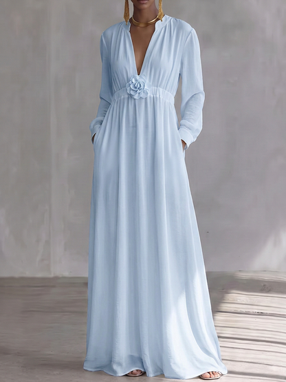High Waisted Long Sleeves Elasticity Pleated Pockets Solid Color Three-Dimensional Flower V-Neck Maxi Dresses