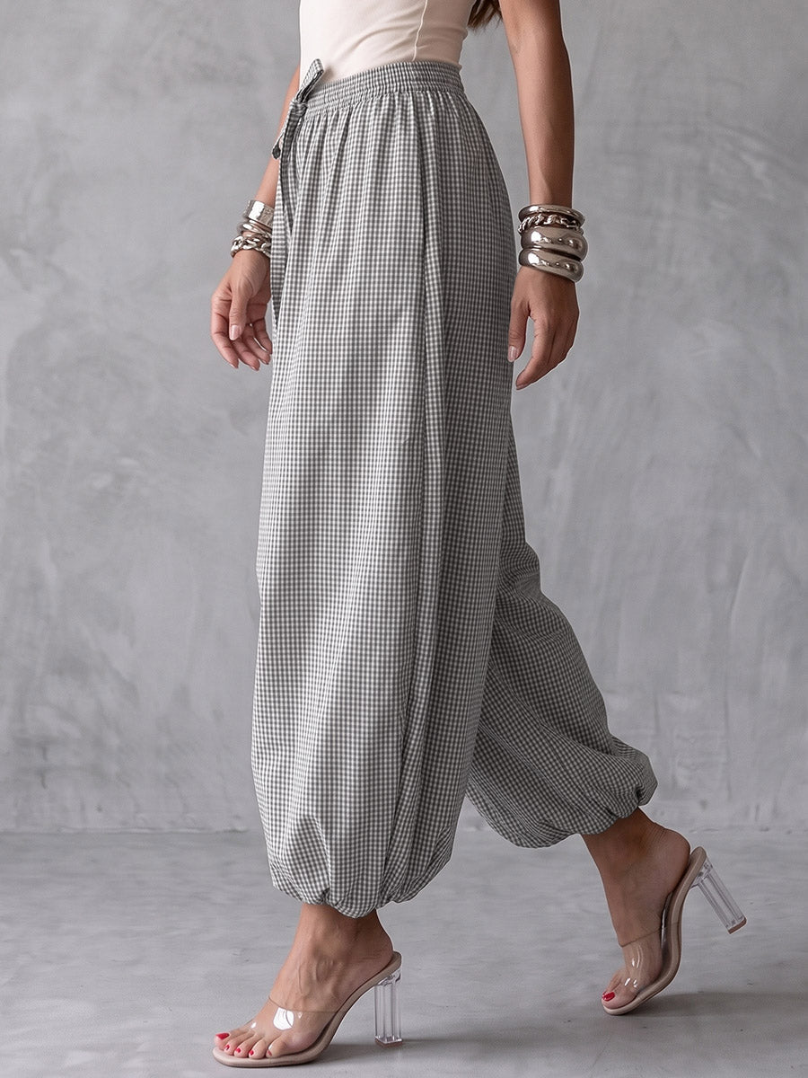 Pockets Plaid Elasticity Drawstring Wide Leg Loose Trousers Pants