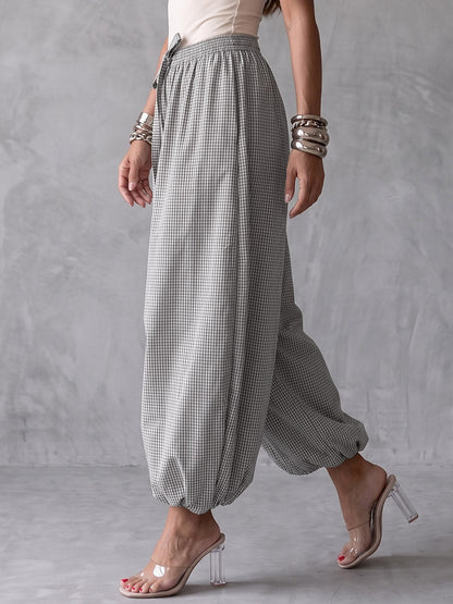 Pockets Plaid Elasticity Drawstring Wide Leg Loose Trousers Pants