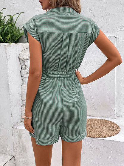 Elasticated Waist High Waisted Buttoned Contrast Color Pockets Split-Joint Striped Tied Waist V-Neck Rompers