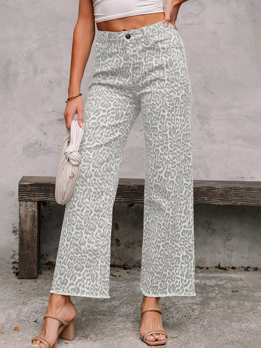 High Waisted Leopard Pockets Jean Pants Bottoms