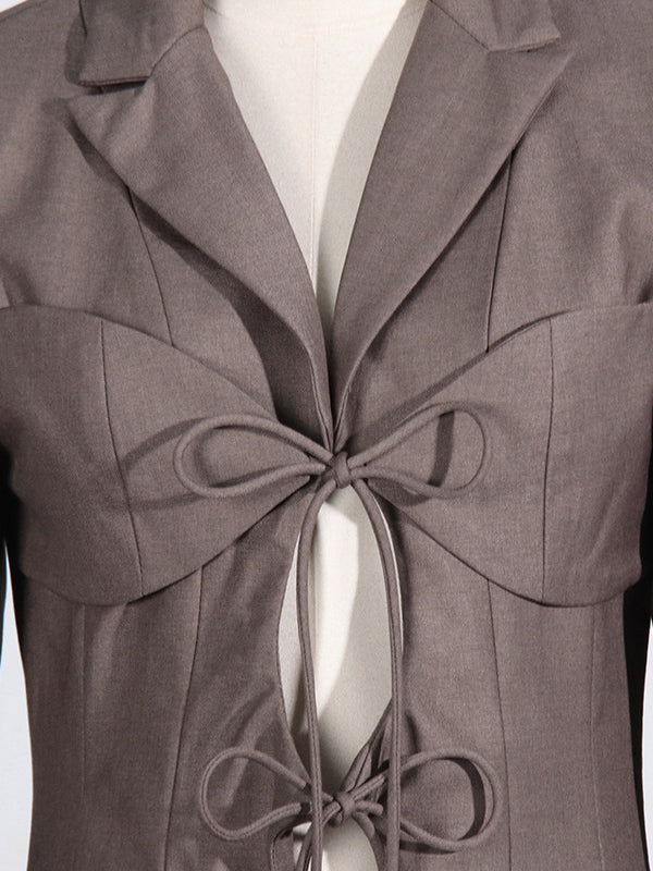 Long Sleeves Loose Pockets Solid Color Tied Notched Collar Blazer Outerwear