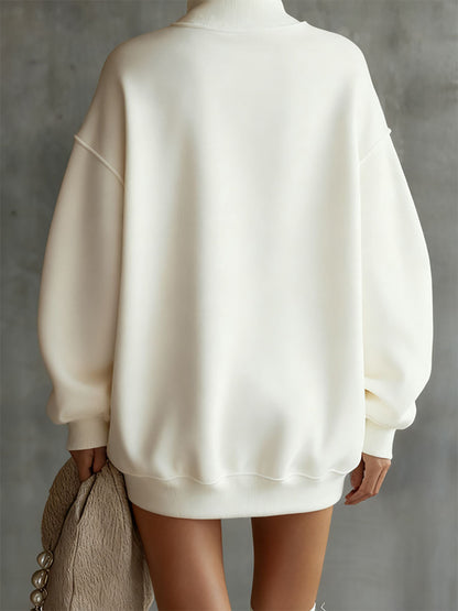 Long Sleeves Loose Buttoned Solid Color Split-Joint High Neck Mini Dresses Sweatershirt