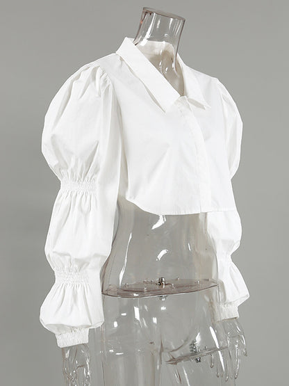 Bishop Sleeve Long Sleeves Buttoned Elasticity Solid Color Lapel Blouses&Shirts Tops
