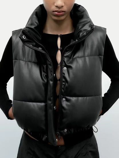 Skinny Sleeveless Drawstring Elasticity Solid Color Split-Joint Zipper Stand Collar Padded Vest