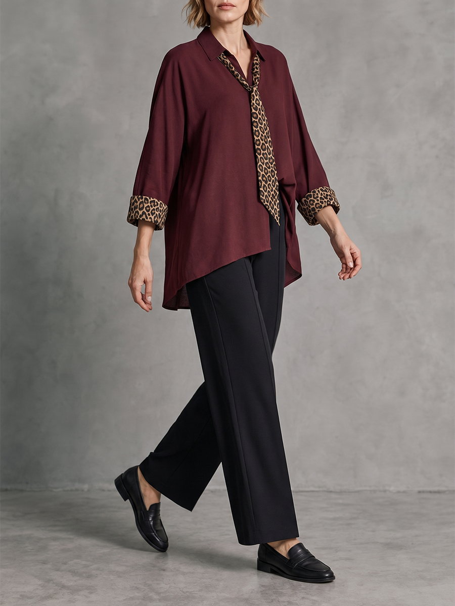 Tied Split-Joint Leopard Contrast Color Three-quarter Sleeves Loose Lapel Blouses&shirts Tops