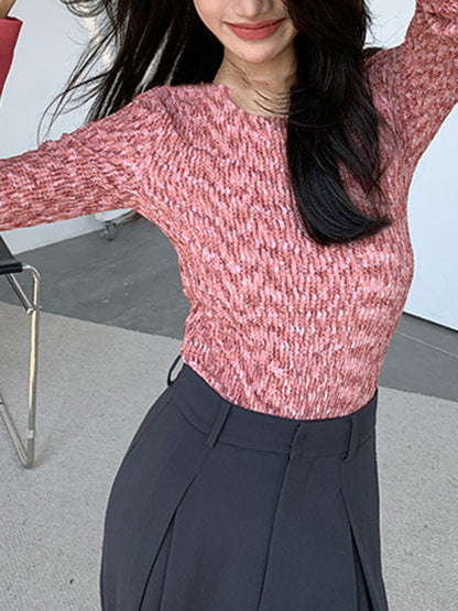 Long Sleeves Skinny Buttoned Round-Neck T-Shirts Tops