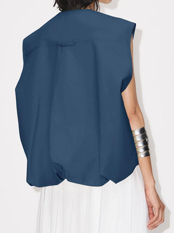 Loose Sleeveless Pockets Split-Joint Zipper Round-Neck Vest Outerwear