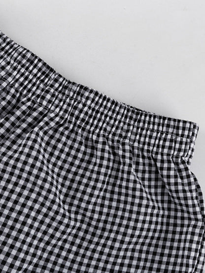 Loose  Contrast Color Plaid Ruffled Split-Joint  Long Sleeves Buttoned Lapel Blouses&Shirts Tops + Pants Two Pieces Set