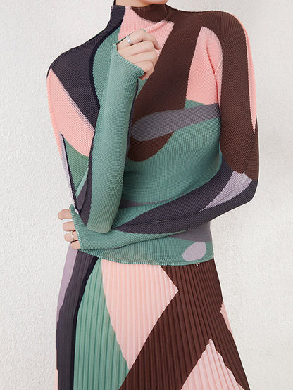 Long Sleeves Contrast Color Pleated Mock Neck T-Shirts Tops