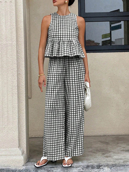 A-Line Loose Plaid Pleated Split-Joint Round-Neck Vest Top + Pants Bottom Suits