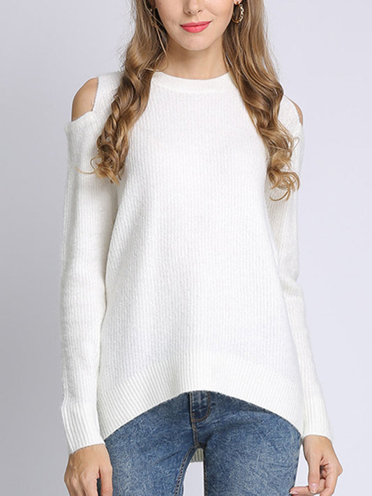 Long Sleeves Loose Hollow Solid Color Round-Neck Knitwear Pullovers Sweater Tops