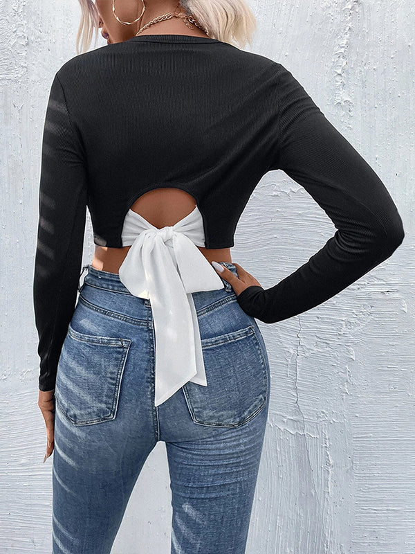 Long Sleeves Skinny Bowknot Round-Neck T-Shirts Tops