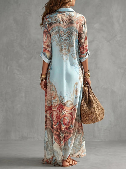 Long Sleeves Loose Buttoned Contrast Color Pockets Printed Lapel Maxi Dresses Shirt Dress