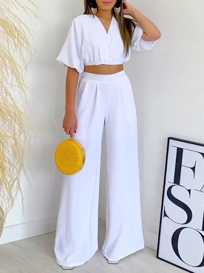 Half Sleeves Elasticity Solid Color Tied V-Neck T-Shirts Top +High Waisted Pants Bottom Two Pieces Set