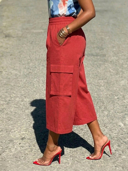 High Waisted Loose Elasticity Pockets Solid Color Pants Trousers