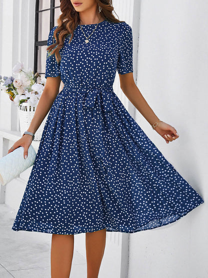 A-Line Elasticated Waist Contrast Color Polka Dot Split-Joint Tied Waist Round-Neck Midi Dresses
