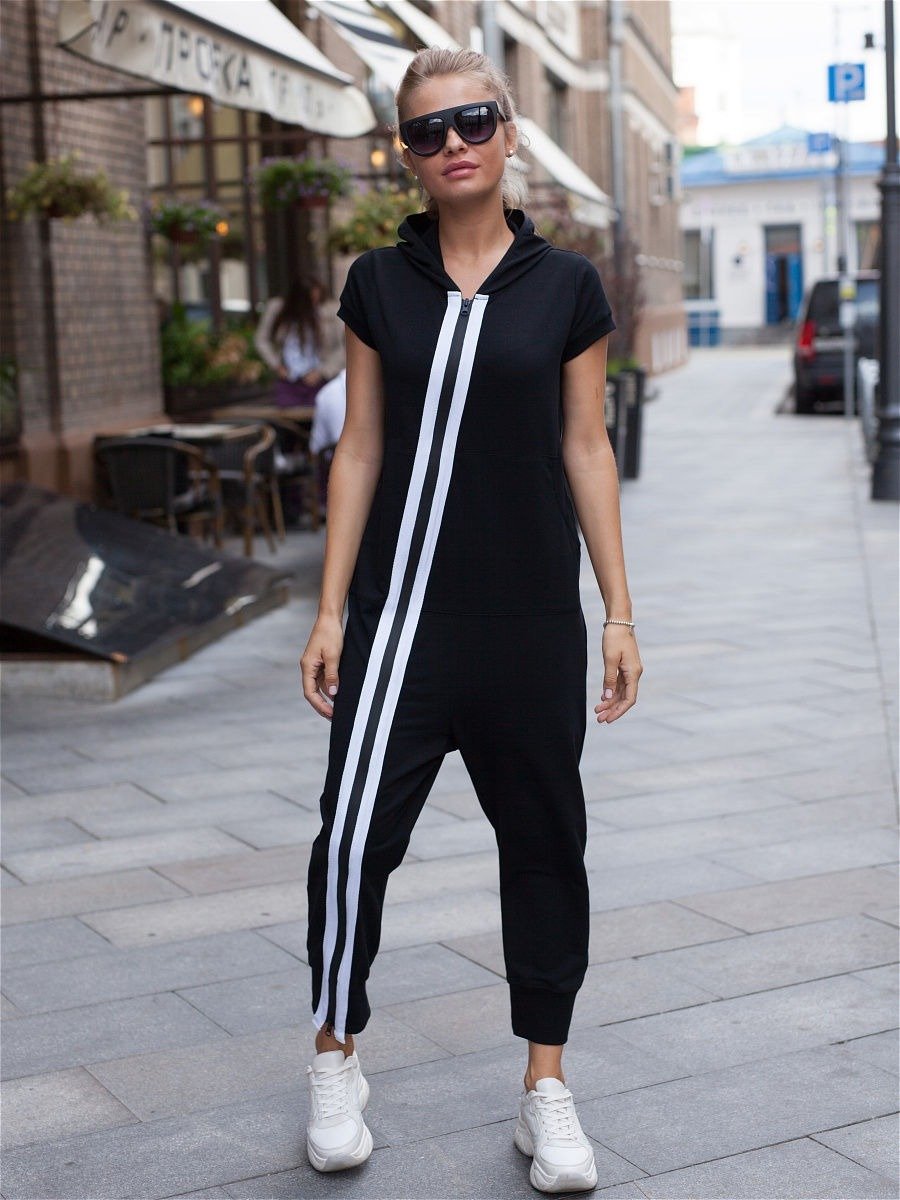 Fashion Stripes Zipper Hooded Jumpsuits