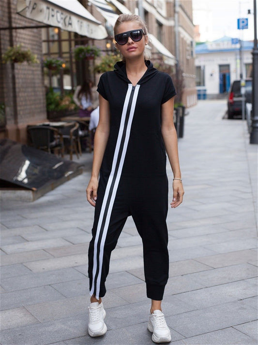 Fashion Stripes Zipper Hooded Jumpsuits