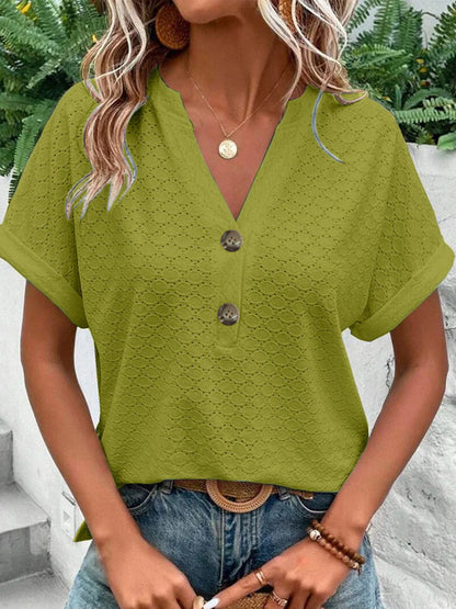 Loose Plus Size Buttoned Jacquard Split-Joint V-Neck T-Shirts Tops