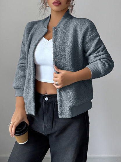 Long Sleeves Buttoned Elasticity Pockets Solid Color Collarless Jackets&Coats