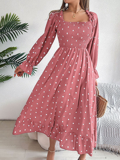 High Waisted Long Sleeves Pleated Polka Dot Ruffled Square-Neck Maxi Dresses Shirt Dress