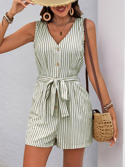 Elasticated Waist High Waisted Buttoned Pockets Striped Tied Waist V-Neck Rompers